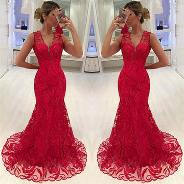 MERMAID APPLIQUES STRAPS SLEEVELESS V-NECK LONG PROM DRESS HZ1023